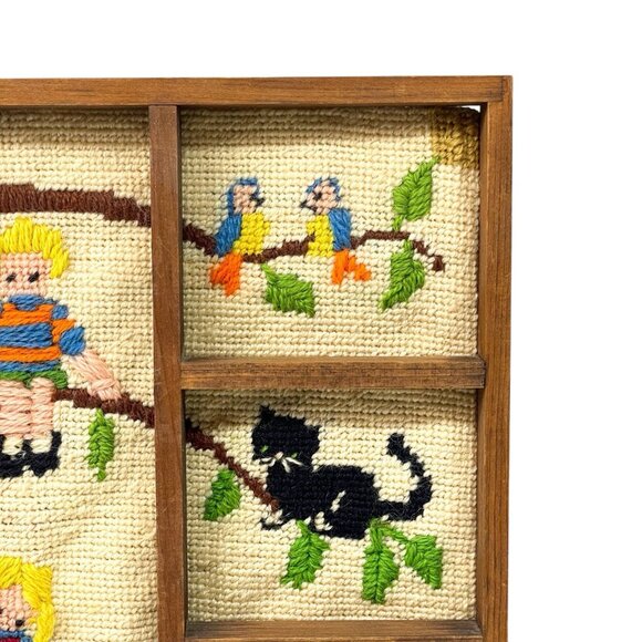 Vintage Needlepoint Childrens Room Kids Framed Climbing Tree Cat Nursery - Picture 3 of 10